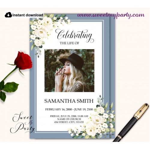 Dusty Blue Funeral Program, Memorial Program Template, (141)